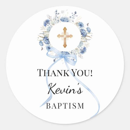 Sticker Rond Baptism blue boy florals wreath cross thank you (Devant)