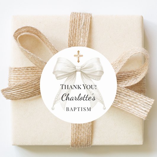 Sticker Rond Baptism bow ivory pearls cross thank you