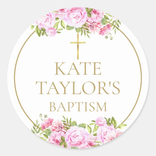 Sticker Rond  Baptism Christening Pink Rose Floral Favor (Devant)