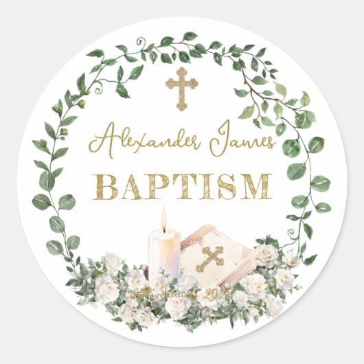 Sticker Rond Baptism Eucalyptus Roses Cross  (Devant)