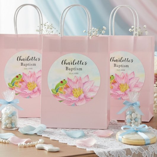 Sticker Rond Baptism Pink Waterlily & Tree Frog