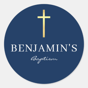 Sticker Rond BAPTISM SEAL moderne mince or croix bleu marine fo