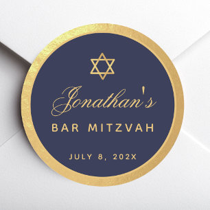Sticker Rond Bar Mitzvah Bleu Nuit Faux Or Écriture Élégante