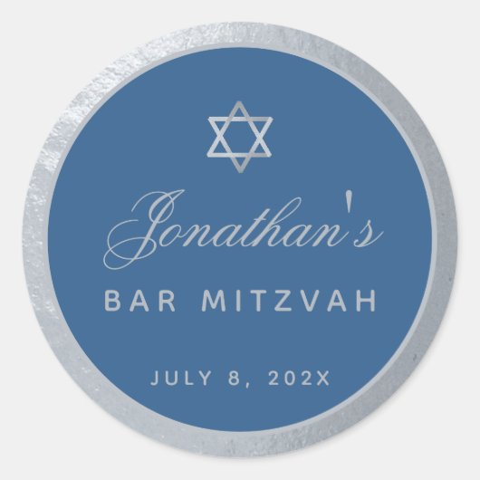 Sticker Rond Bar Mitzvah Classic Blue Faux Silver Grey Script (Devant)