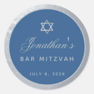 Sticker Rond Bar Mitzvah Classic Blue Faux Silver Grey Script