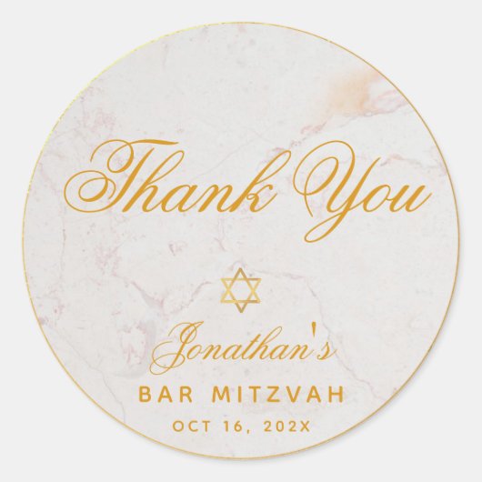 Sticker Rond Bar Mitzvah Élégant Script Merci en or marbre (Devant)