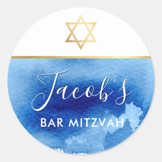 Sticker Rond BAR MITZVAH étoile or smart bleu aquarelle invitat (Devant)