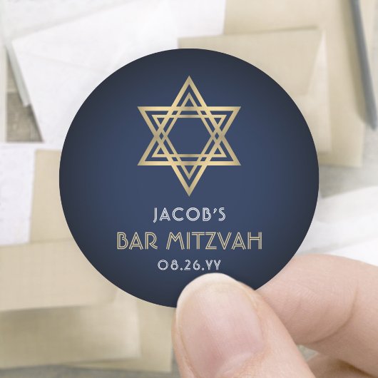 Sticker Rond Bar Mitzvah Marine Bleu Blanc & Or Star de David
