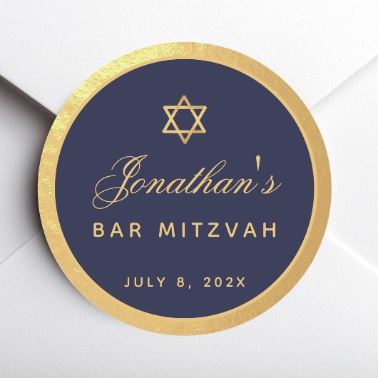 Sticker Rond Bar Mitzvah Marine Bleu Faux Or Élégant Script