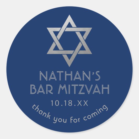 Sticker Rond Bar Mitzvah Merci Bleu étoile d'argent David (Devant)