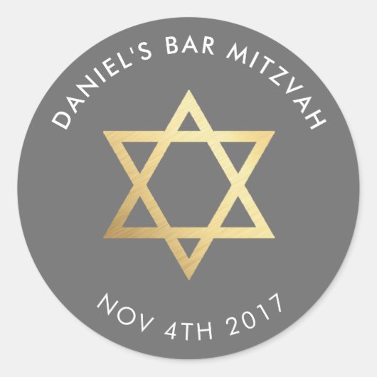 Sticker Rond Bar Mitzvah moderne gris + étoile dorée de david (Devant)