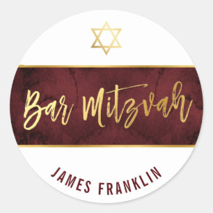 Sticker Rond BAR MITZVAH moderne marron rouge aquarelle or type