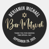Sticker Rond Bar Mitzvah Noir Or Feuille Script Gras Moderne (Devant)