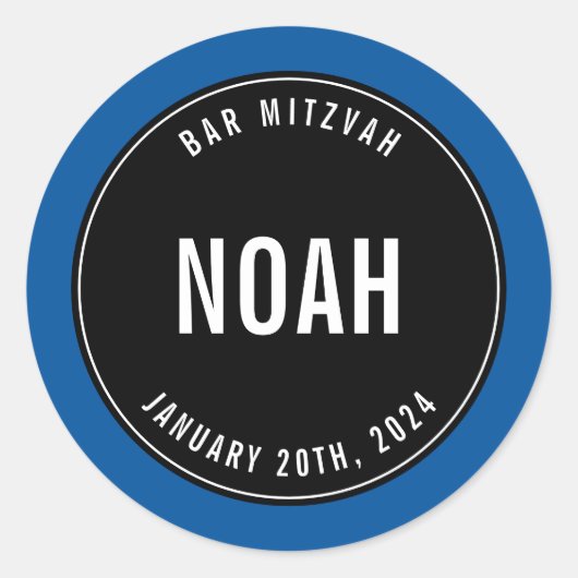 Sticker Rond BAR MITZVAH simple moderne noir clair bleu gris (Devant)