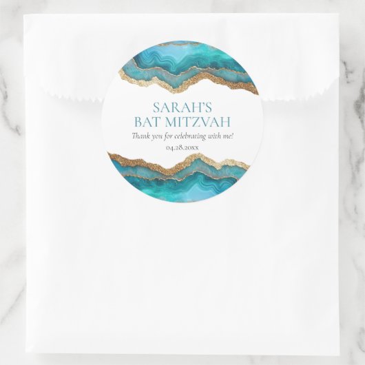 Sticker Rond Bar ou Bat Mitzvah Agate Bleu Or (Sac)