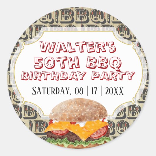 Sticker Rond Barbecue Cheeseburger N'importe quel âge Anniversa (Devant)