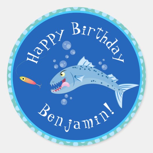 Sticker Rond Barracuda dessin de pêche anniversaire personnalis (Devant)