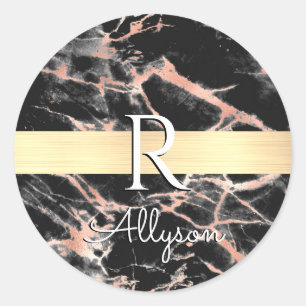 Sticker Rond Barre en or Marbre Noir et Or Rose, Monogramme de