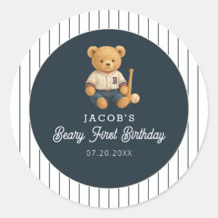 Sticker Rond Baseball Preppy Bear 1er anniversaire