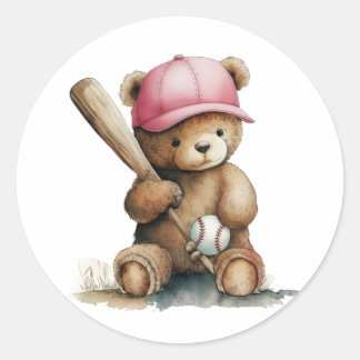 Sticker Rond Baseball Teddy Bear Pink Cap Girl Baby Shower