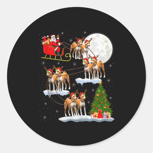 Sticker Rond Basenji Dog Santa Sleigh Flying Funny Magical Chri (Devant)