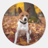 Sticker Rond Basenji en automne Feuilles automne Inspiration (Devant)