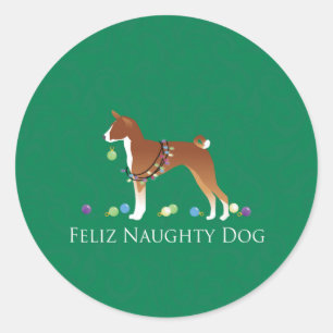 Sticker Rond Basenji Feliz Naughty Dog Noël