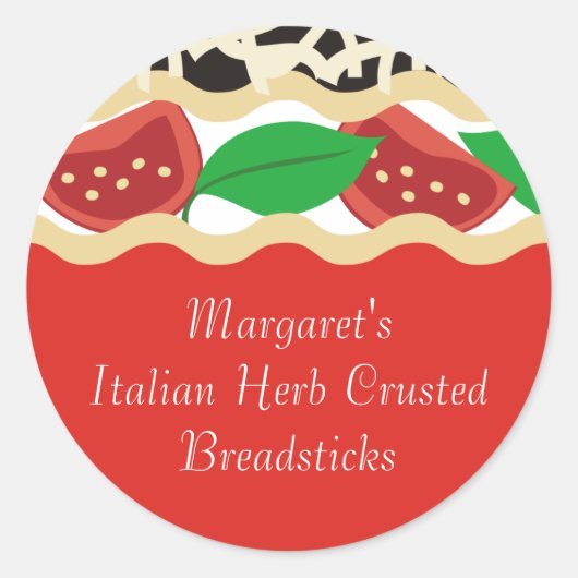 Sticker Rond Basil de tomate lasagne alimentaire italien étique (Devant)