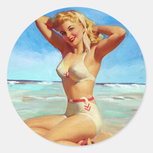 Sticker Rond Basking sur le Beach Pin Up (Devant)