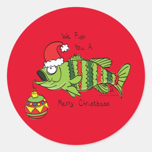 Sticker Rond Basse de Noël amusant Pêche Poisson Cute Cartoon (Devant)