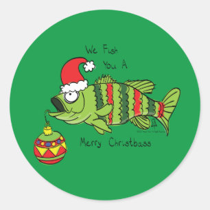 Sticker Rond Basse de Noël amusant Pêche Poisson Cute Cartoon