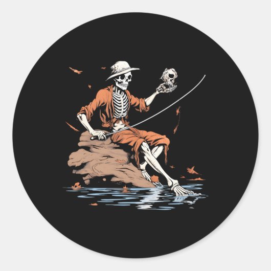 Sticker Rond Basse de pêche Fisher Skeleton Halloween (Devant)
