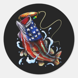 Sticker Rond Basse Pêche Poisson Drapeau Américain Pêche Pat