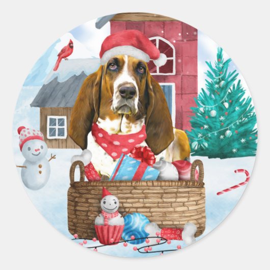 Sticker Rond Basset Hound Chien dans la neige Maison de Chien d (Devant)