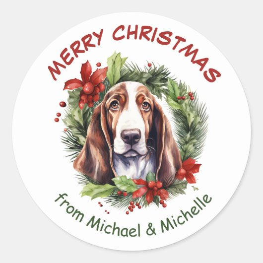 Sticker Rond Basset Hound Christmas Poinsettia Wreath (Devant)
