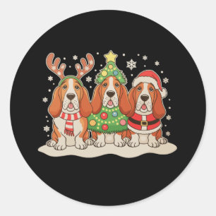 Sticker Rond Basset Hound de Noël Chapeau de Père Noël Renne Ch