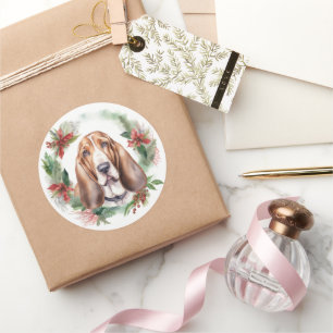 Sticker Rond Basset Hound Festive Wreath de Noël Pup