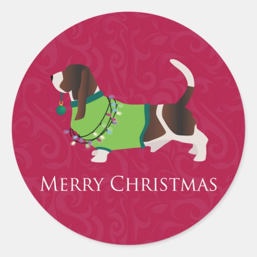 Sticker Rond Basset Hound Joyeux Noël Design (Devant)