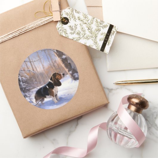 Sticker Rond Basset Hound Laisser neiger Noël (Cadeaux)