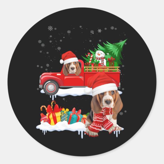 Sticker Rond Basset Hound Père Noël Chien équitation Camion Rou (Devant)