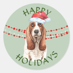 Sticker Rond Basset Hound Santa Hat Joyeuses Fêtes