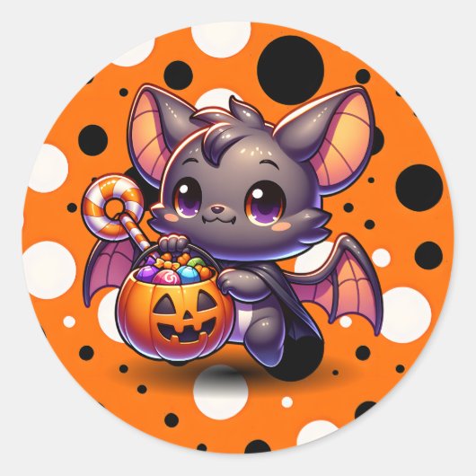 Sticker Rond Bat d'Halloween mignonne avec panier Citrouille (Devant)