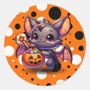 Sticker Rond Bat d'Halloween mignonne avec panier Citrouille