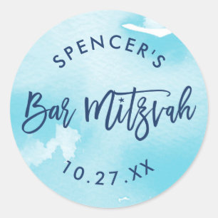 Sticker Rond BAT MITZVAH aquarelle moderne bleu aqua lettrage