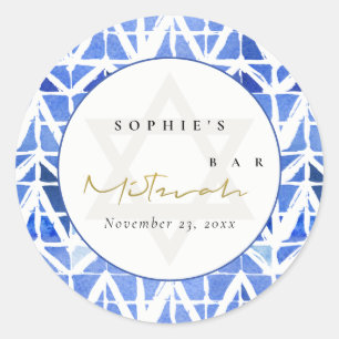 STICKER ROND BAT MITZVAH BAR CHEVRON BLEU INDIGO WATERCOLOR