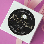 Sticker Rond Bat mitzvah Black Gold Script Floral Aquarelle<br><div class="desc">Soyez fier, réjouissez-vous et célébrez cette étape de votre Bat mitzvah préféré chaque fois que vous utilisez cet autocollant sophistiqué et personnalisé! Une aquarelle florale chic, étonnante, blanche et or parties scintillant avec typographie de feuille d'or faux et Star of David, ainsi que le blanc san serif type superposent un...</div>