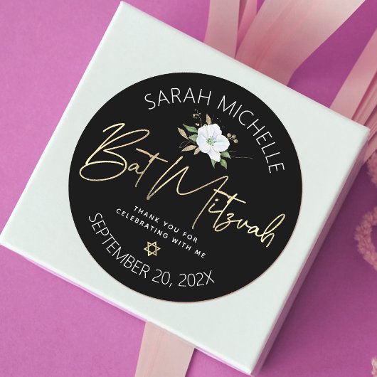 Sticker Rond Bat mitzvah Black Gold Script Floral Aquarelle