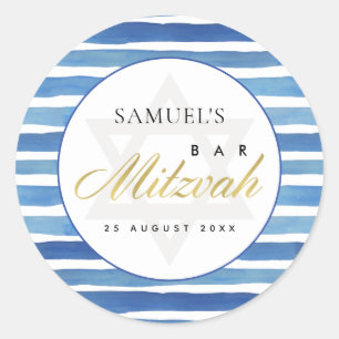 STICKER ROND BAT MITZVAH DE BARRE BAR BLEUE INDIGO WATERCOLOR