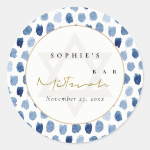 STICKER ROND BAT MITZVAH DE BARRE D'EAU D'INDIGO BLEU OR DOIGTS
