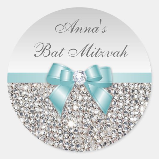 Sticker Rond Bat mitzvah Faux Silver Sequins Turquoise Bow Diam (Devant)